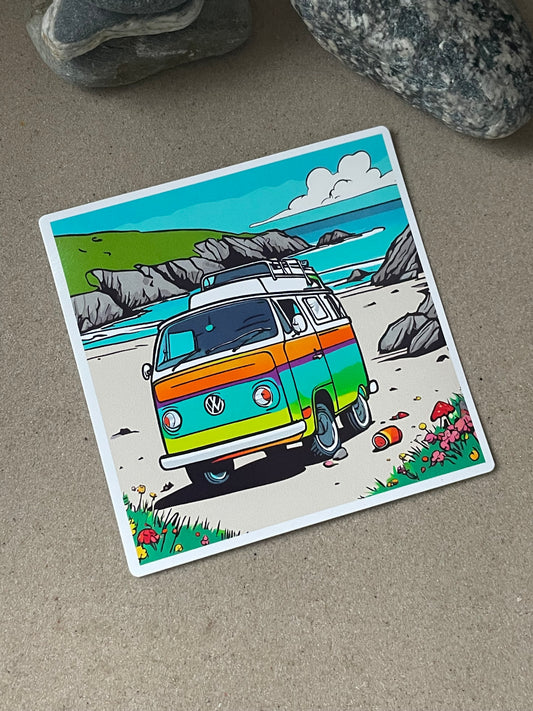Camper Van (Beach Scene) Vinyl Die-Cut Sticker