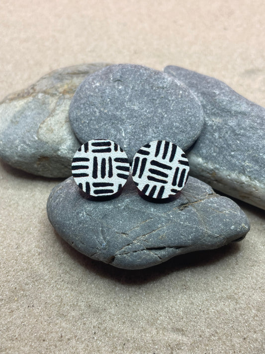 Black & White Round Geometric Design Wooden Stud Earrings
