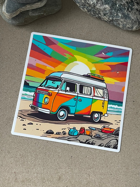 Camper Van (Beach Scene #3) Vinyl Die-Cut Sticker
