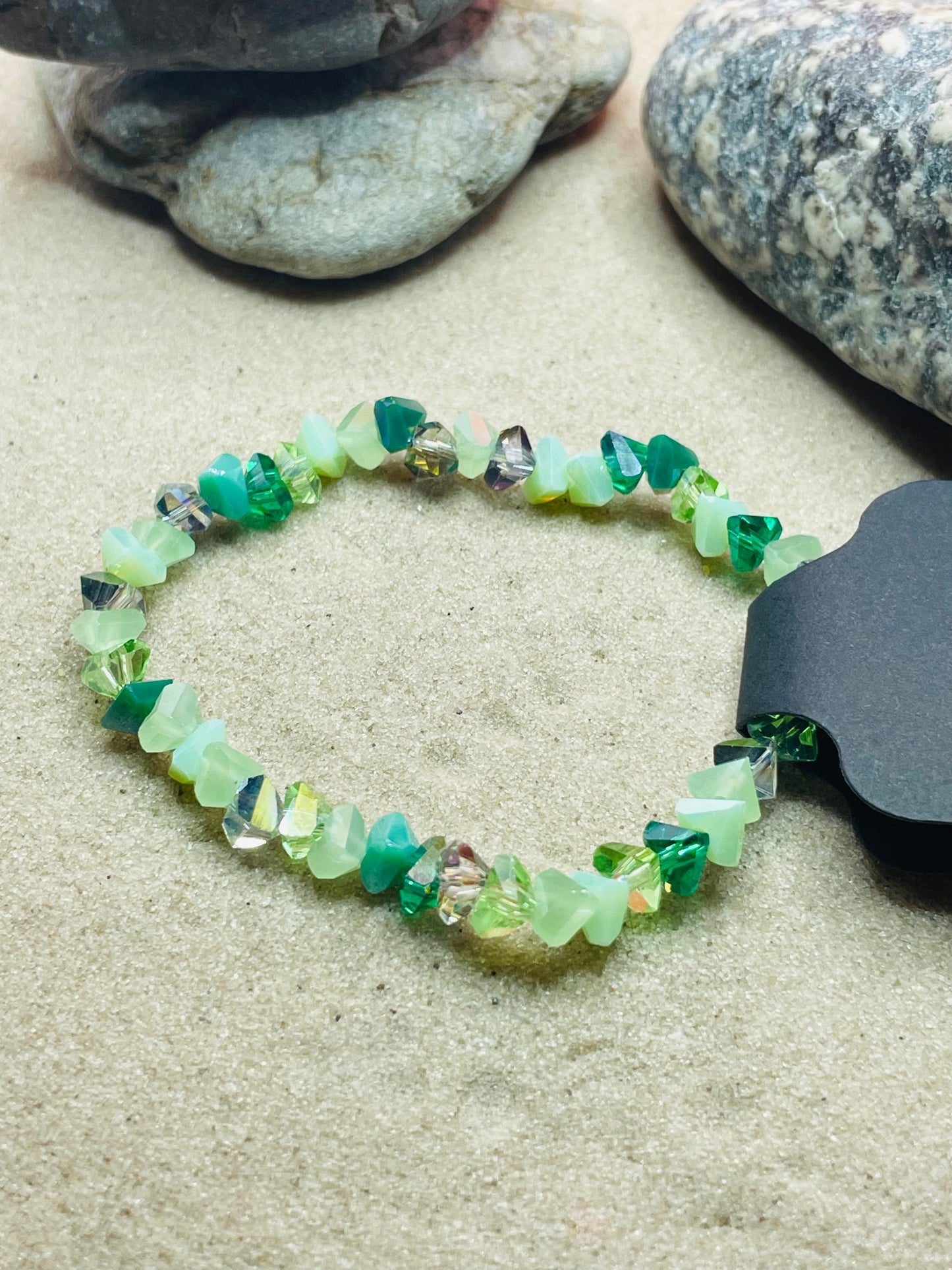 Green Glass Triangle Aquamarine Beaded Bracelet