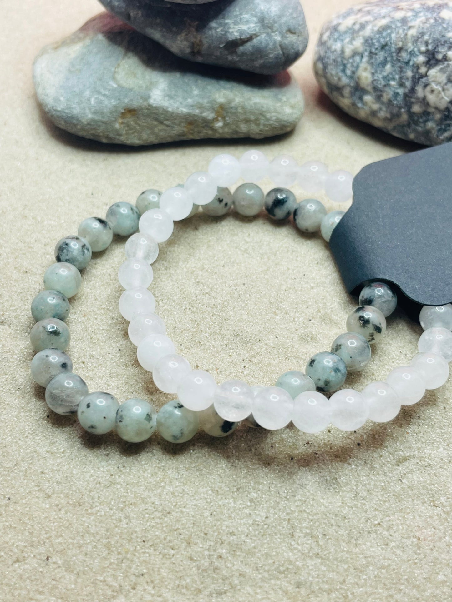Sesame Jasper & White Jade Natural Stone Bracelet Set