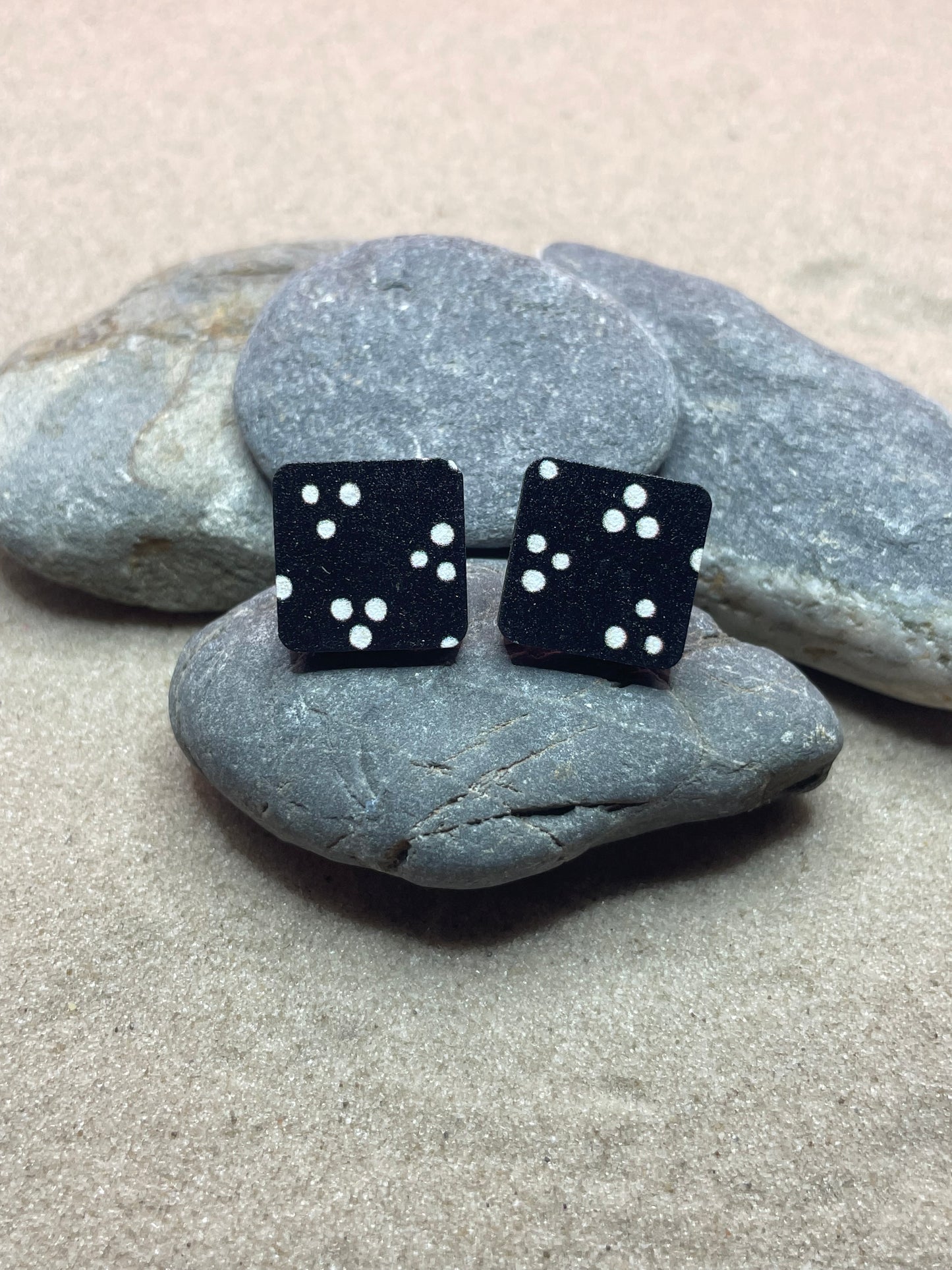 Square Black & White Geometric Design Wooden Stud Earrings